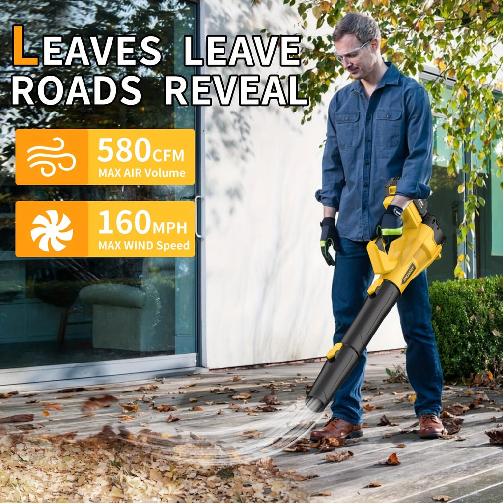 High Power Cordless Leaf Blower - 580CFM / 160MPH, 6-Speed, 4.0Ah Battery & Fast Charger - Extension Nozzle & Ergonomic Handle - Lawn, Yard, Snow & Pet Hair - Yellow