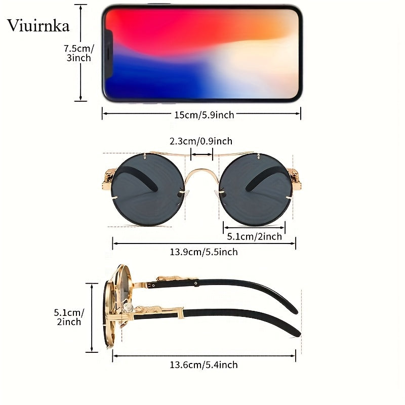 Round Metal Frame Sunglasses with Gradient PC Lenses, Double Bridge, and Leopard Print Hinges – Trendy Unisex Eyewear with Protective Case for Women and Men, Vacation and Street Style