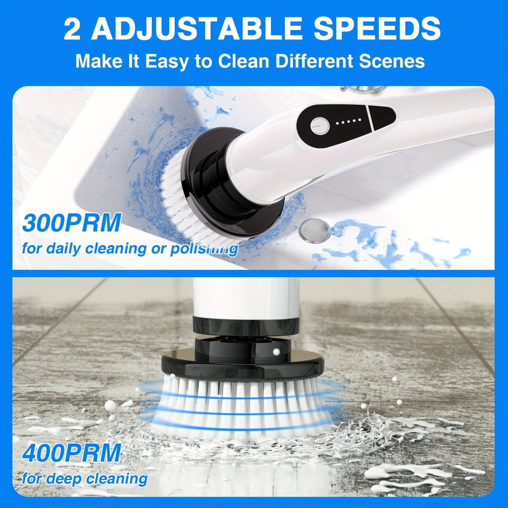 Electric Spin Scrubber Cordless 7-in-1 Cleaning Brush with 7 Replaceable Heads, Dual Speed Adjustable, Detachable Telescopic Handle for Bathroom Tile, Tub, Kitchen, Car, and Floor Grout Scrubbing