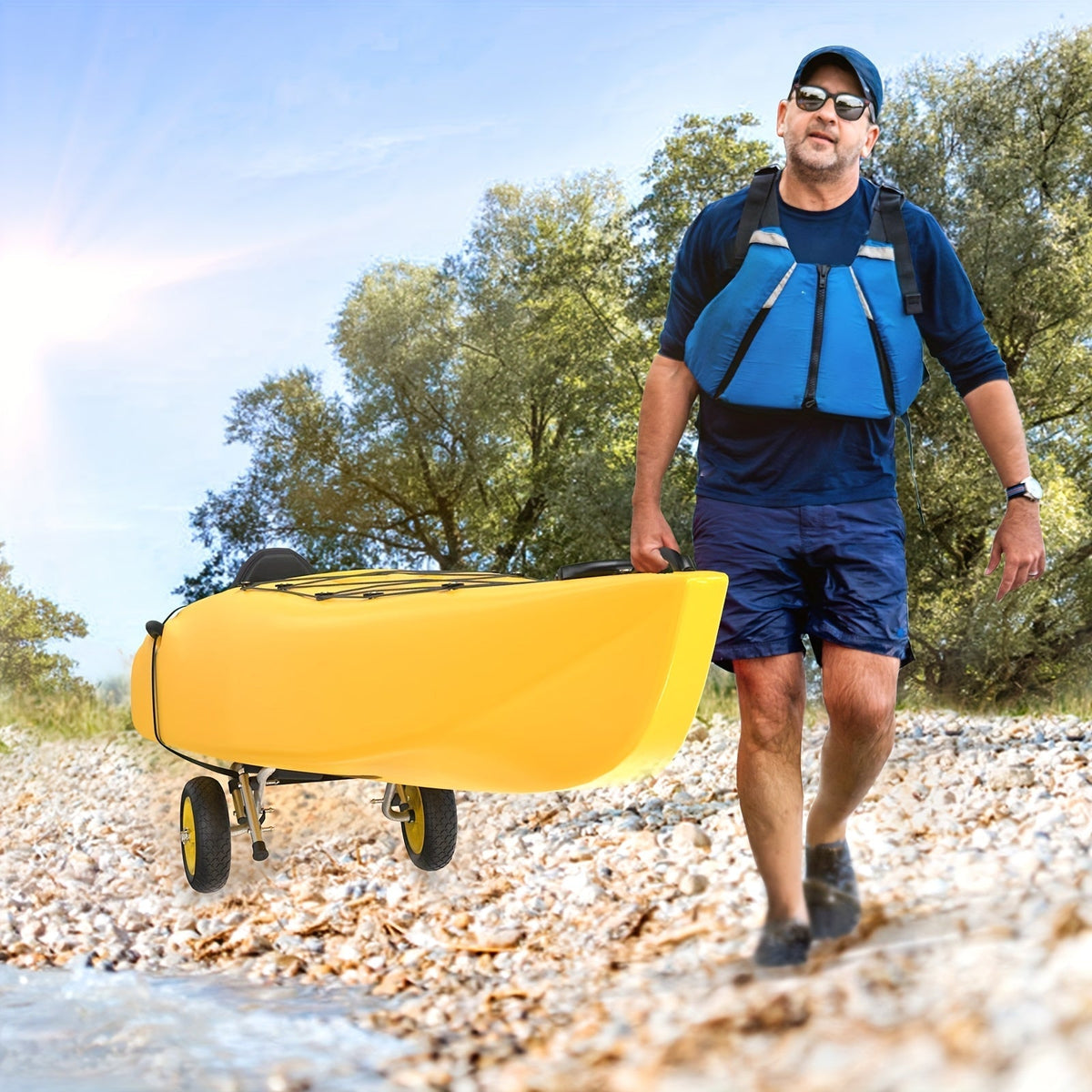 Bonnlo Portable Kayak Trolley Cart, Collapsible Cast Aluminum Alloy with 10" Solid Wheels - Fits Canoes, Paddle Boards, Jon Boats, Float Mats & Watercraft Transport