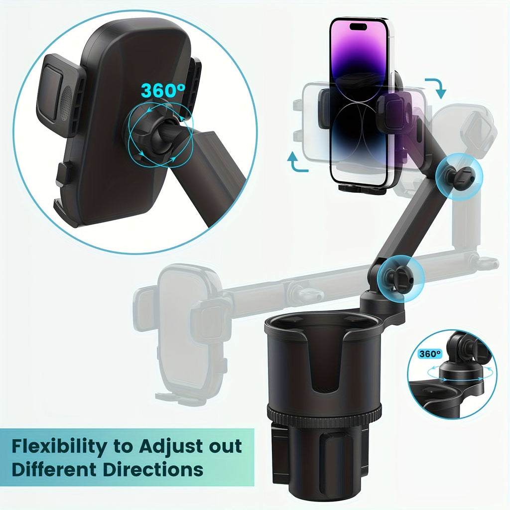 Car Phone Cup Holder Mount 2-in-1, 360° Swivel Rotation, Universal Fit for Cars, SUVs, and Trucks with Shock-Absorbing Trim - Black Extender