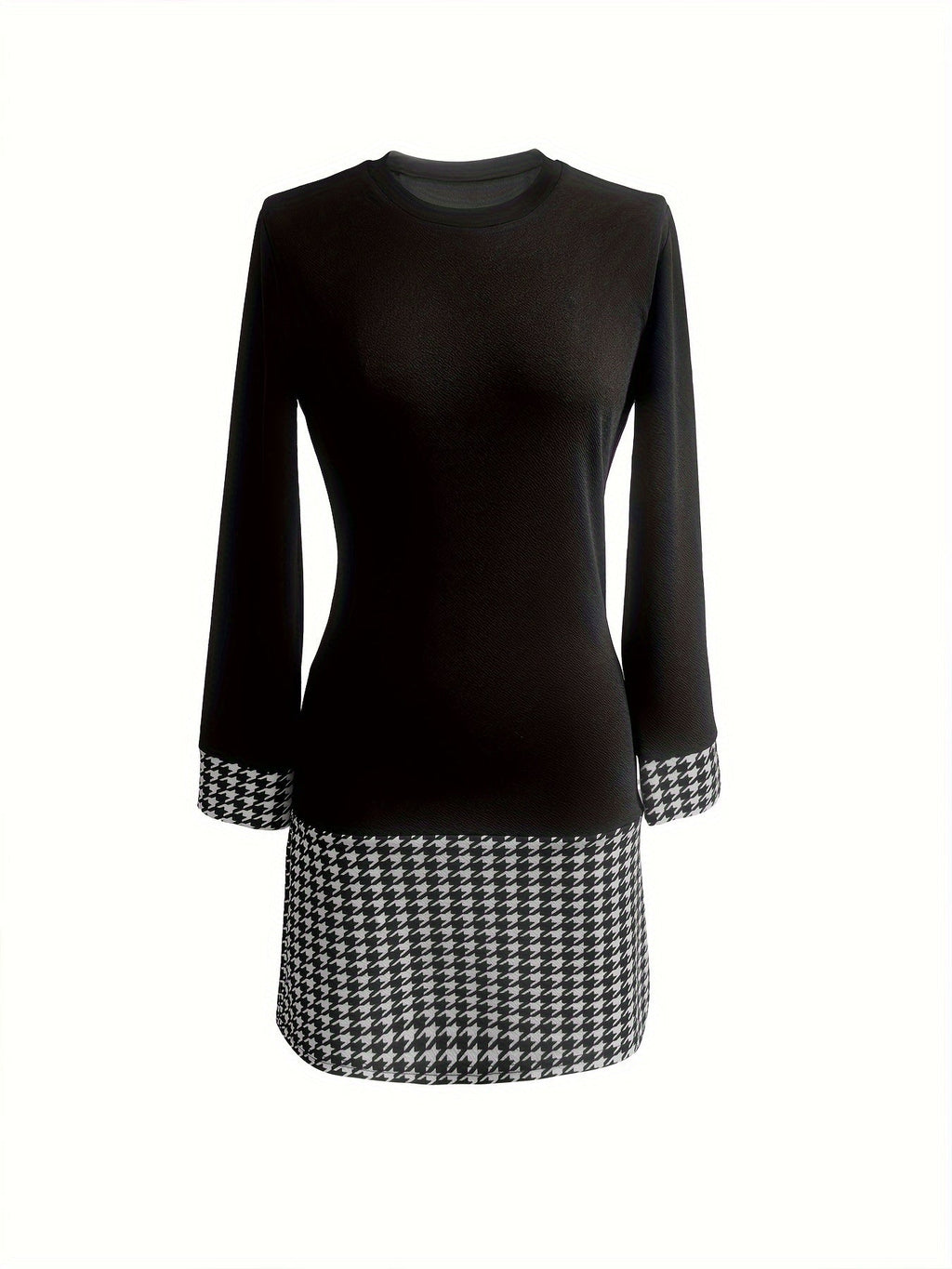Women's Color Block Print A-Line Dress, Long Sleeve Round Neck Bodycon Midi Dress, Casual Streetwear, Black, S-XXL