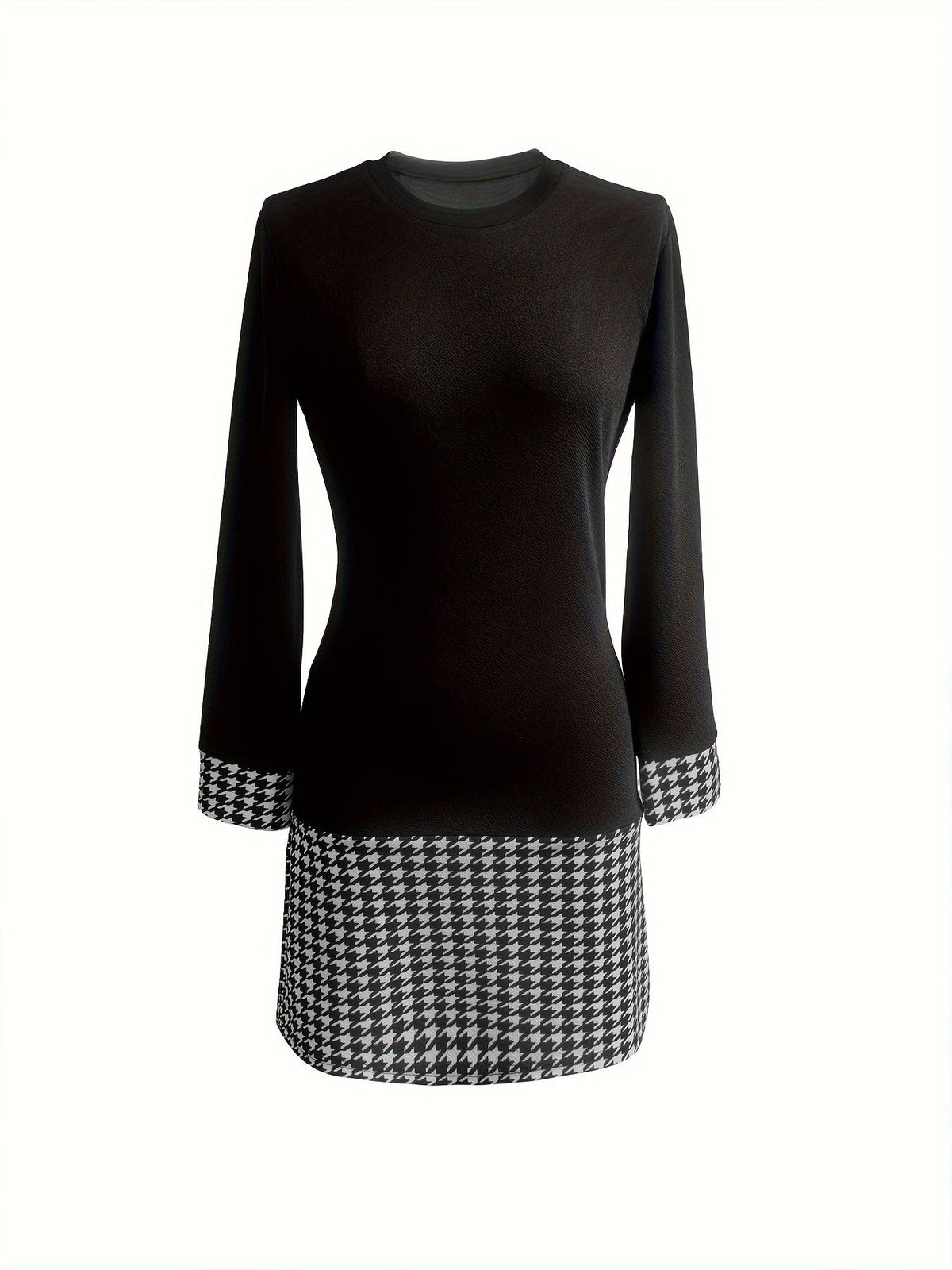 Women's Color Block Print A-Line Dress, Long Sleeve Round Neck Bodycon Midi Dress, Casual Streetwear, Black, S-XXL