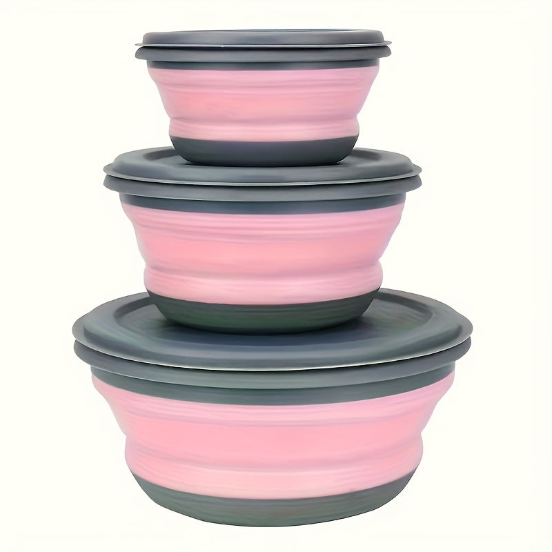 Collapsible Silicone Camping Bowls Set of 3 with Lids, Folding Utensils, and Storage Bag, Stackable Portable Food Containers for Camping, Hiking, Travel, Lunch (Blue, Pink)