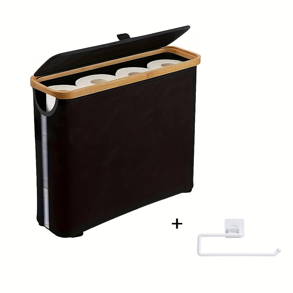 Bamboo Toilet Paper Holder Basket with Lid - Large 9-Roll Storage Organizer for Bathroom, Modern Minimalist Freestanding Toilet Paper Storage Cabinet in Black, Beige, Gray, and Pink