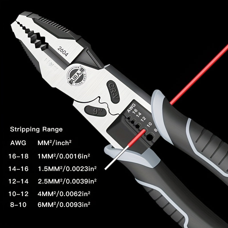 AIRAJ 9-Inch Industrial Grade Wire Pliers – Sharp Durable Stainless Steel Large-Opening Multi-Purpose Wire Stripping & Cutting Tool