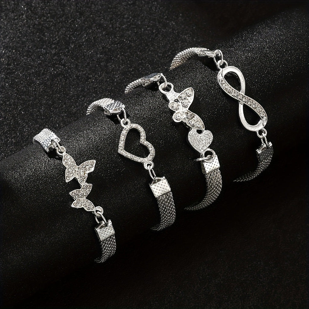 925 Silver Butterfly Infinity Anklet Set (4pcs) – Stackable Foot Chain Bracelet for Women, Elegant Summer Jewelry, Mother's Day & Birthday Gift