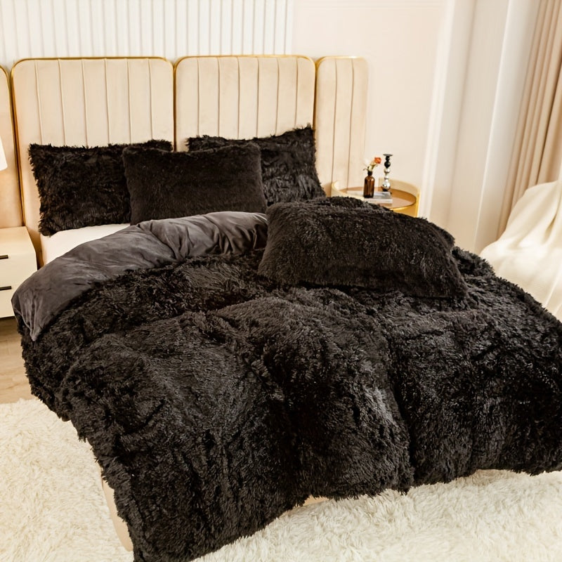 Plush Duvet Cover Set 3 Piece, Long Hair Knitted Polyester, Solid Color Fuzzy Comforter Cover with Zipper Closure, All-Season Soft Cozy Bedding Set for Bedroom, Multiple Colors Available