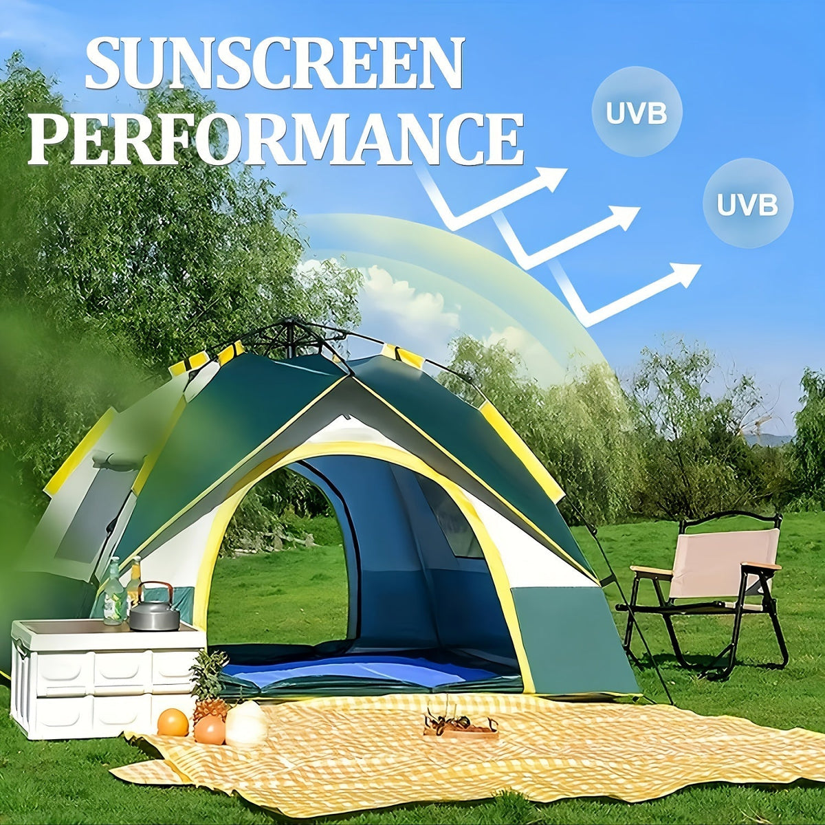 4-Person Pop-Up Camping Tent, Instant Setup with UV Protection, Insect Netting & Sunshade, Automatic Family Tent in Dark Green for Beach, Park, Camping, Hiking, and Outdoor Adventures, Featuring Sturdy Zippers & Support Poles