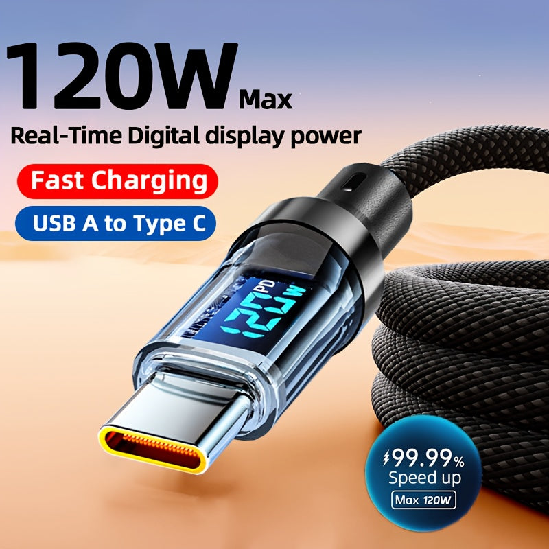 6A 120W Fast Charging Cable with Real-Time Digital Display - USB-A to USB-C Quick Charge - For iPhone, Android & Samsung - 1m & 2m - Black