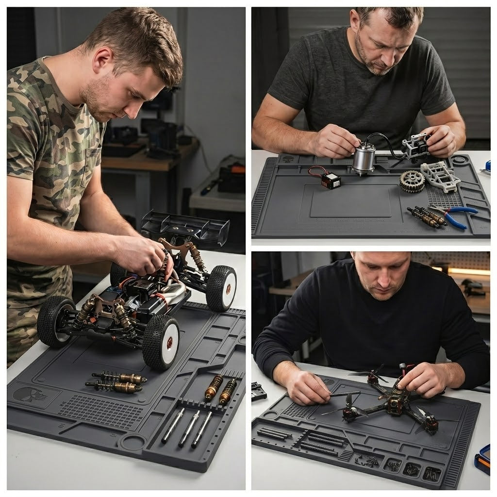 Magnetic Modular Hobby Workbench Mat - Anti-Slip, Scratch-Resistant & Oil-Proof - Parts Sorting Trays - RC Cars, FPV Drones, Electronics Repair & Welding - Grey