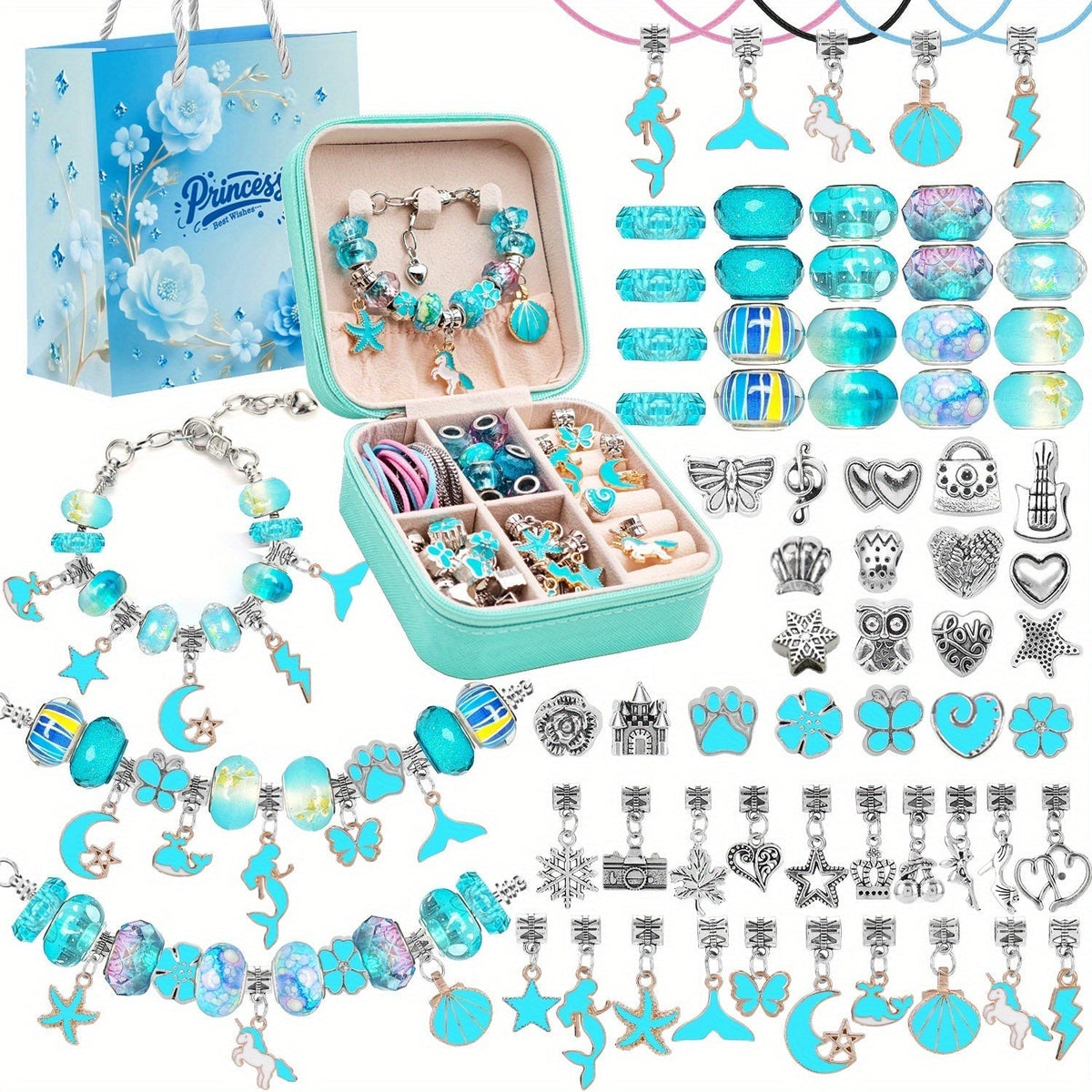 DIY Bracelet Making Kit for Girls, Unicorn & Mermaid Jewelry Craft Set with Portable Jewelry Box, Handmade Beading Gift for Birthday, Christmas, Graduation, Valentine's Day (Blue, Purple, Pink, Black)