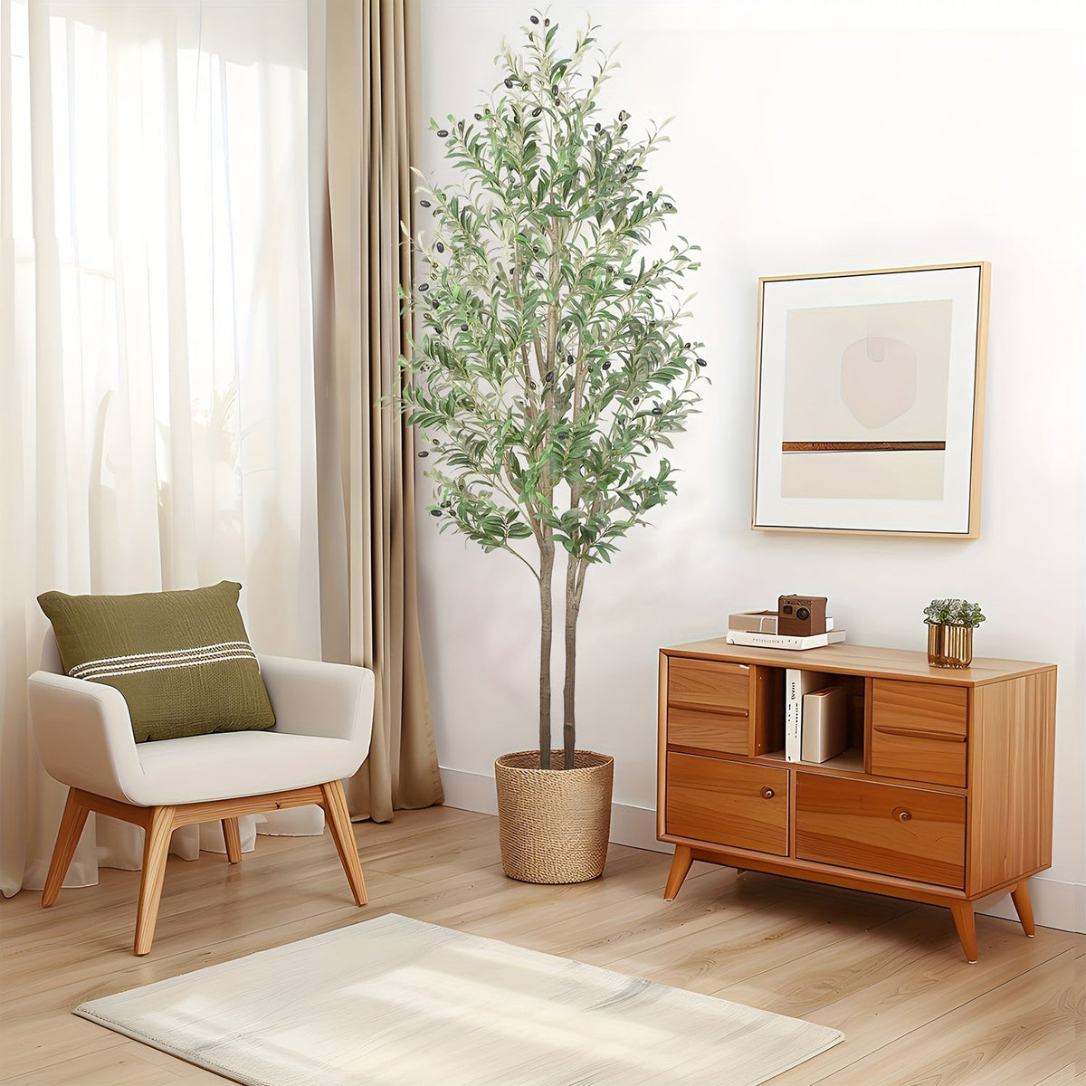 Artificial Olive Tree 4/5/6/7ft – Double Pole Silk Leaves & Faux Fruit Realistic Wood Trunk Faux Moss Potted Faux Plant for Home Living Room Indoor Outdoor Decor