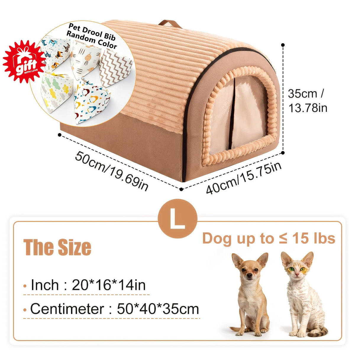 Foldable 2-in-1 All-Season Cave Dog Bed – Fully Enclosed Covered Pet House with Handle, Soft Fluffy Non-Slip Washable Nest for Large, Medium & Small Dogs and Cats – Free Drool Bib – Velora