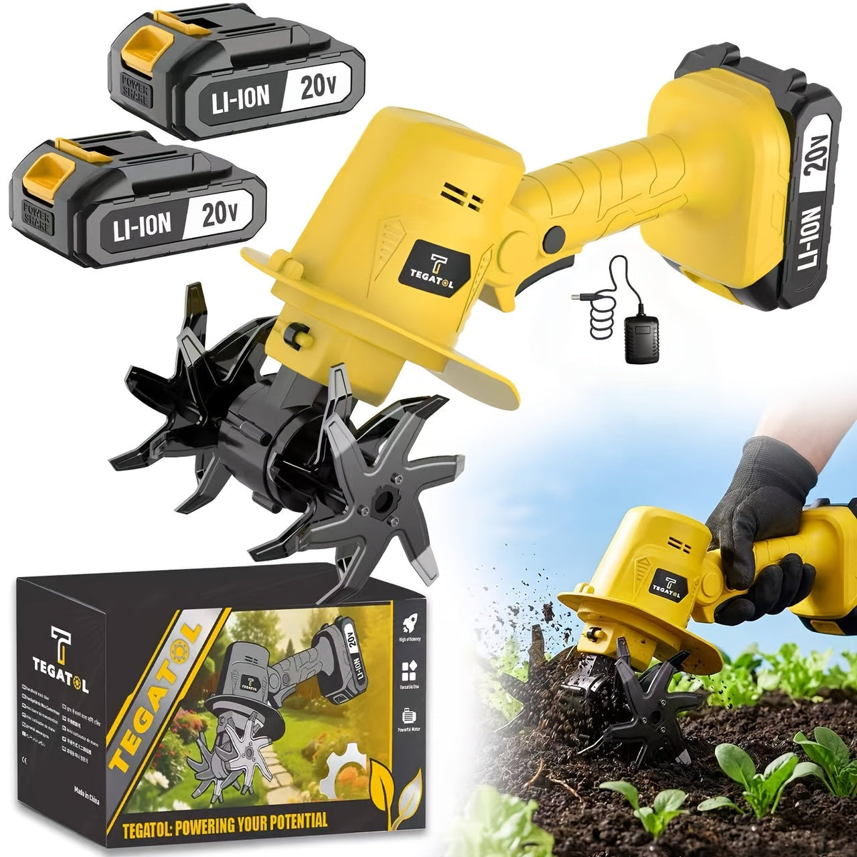 Cordless Electric Tiller Cultivator 20V, 9-Inch Tilling Width 4-Inch Depth, Lightweight Handheld Rototiller for Raised Bed Garden, Plowing Sowing Soil Loosening, 1 or 2 Battery Options