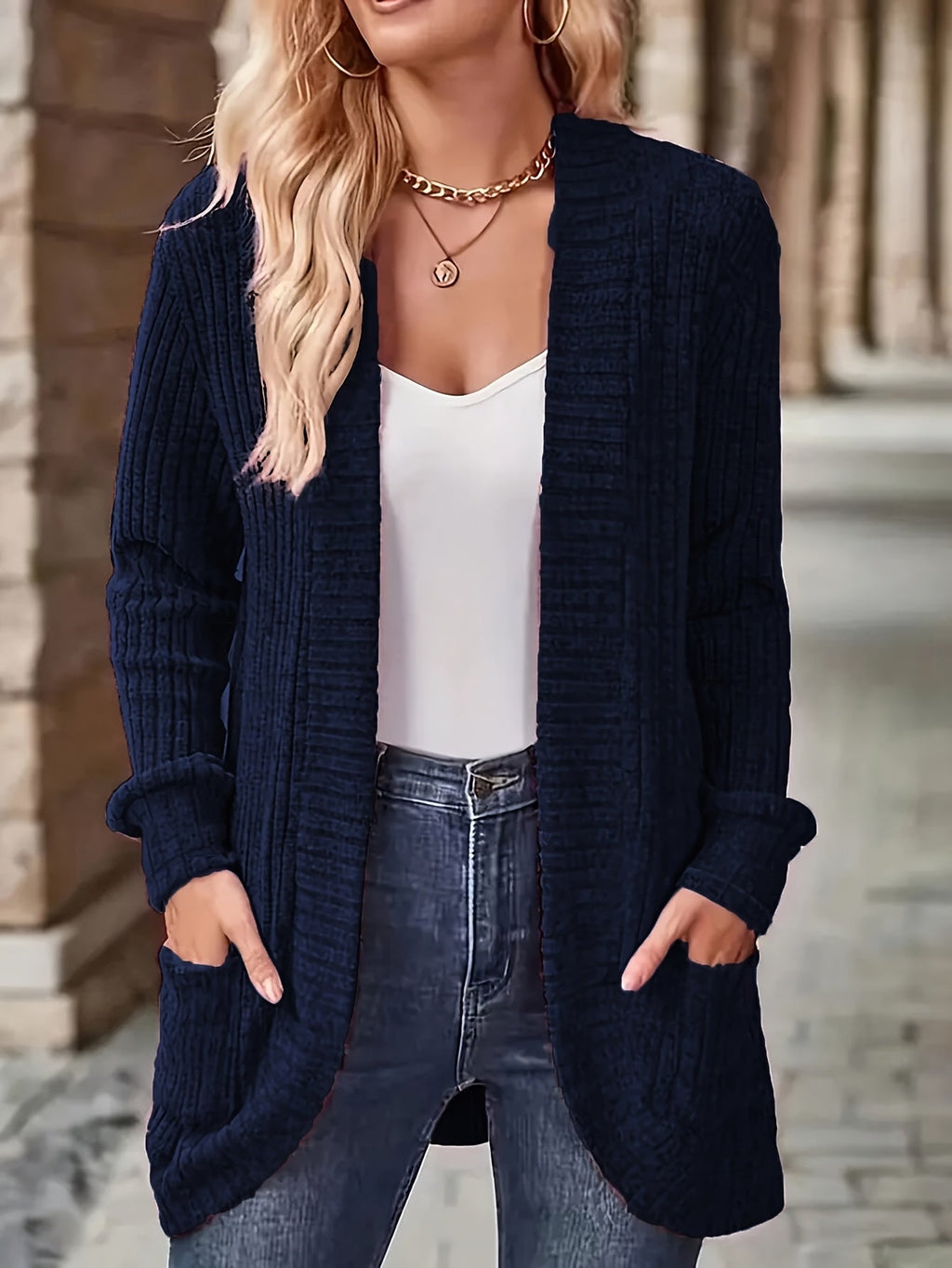 Women's Open Front Cardigan Jacket with Pockets, Long Sleeve Solid Color Casual Knit Coat, Light Grey/Black, S M L XL, Lightweight Layering Outerwear