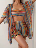 Women's 3-Piece Bikini Set with Long Sleeve Cover-Up, Sexy Print, Stretchy, Non-Transparent Polyester Blend Beach Swimwear, Vacation Pool Swimsuit Set S-XL