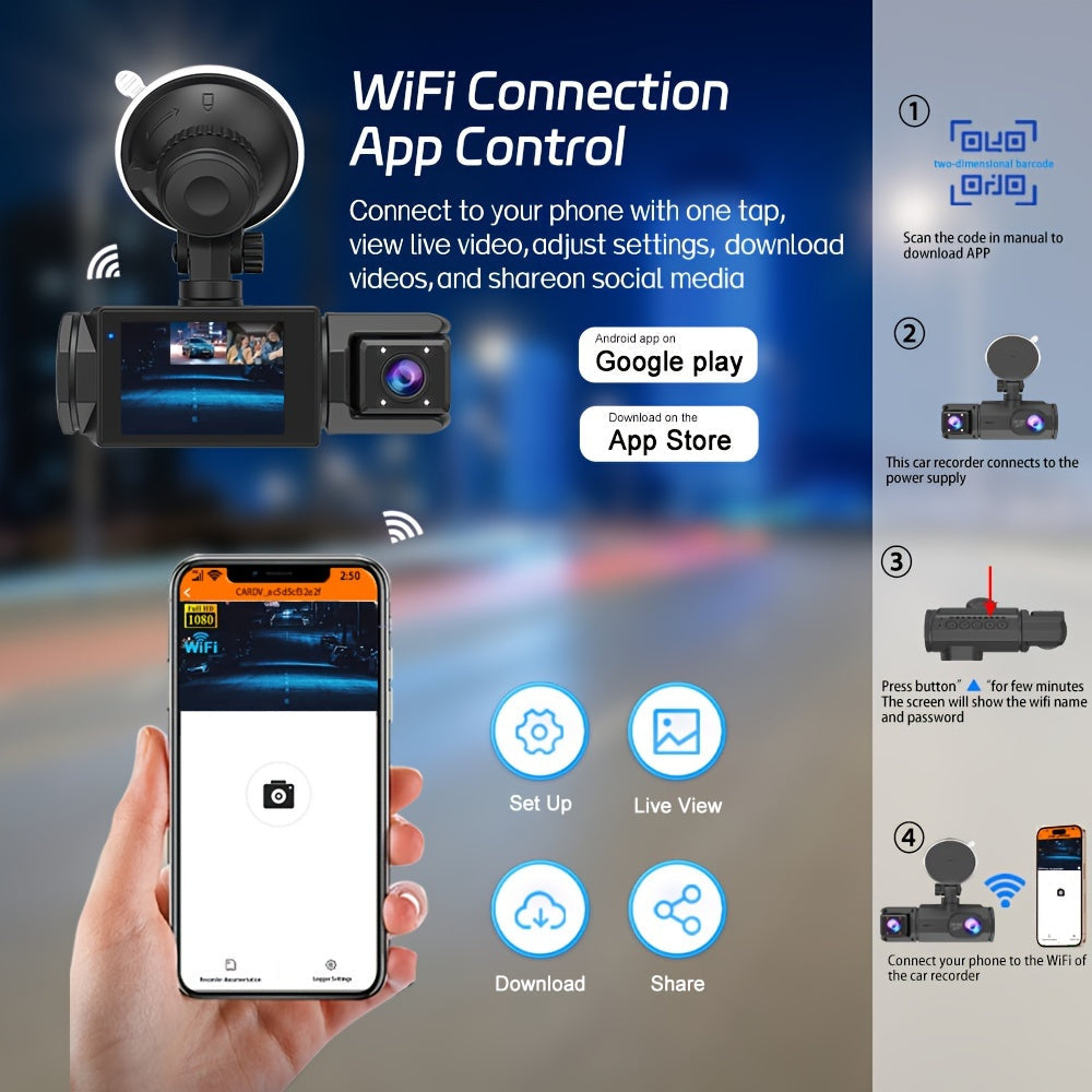 WiFi Dash Camera 2/3 Lens 170° Wide Angle Night Vision Loop Recording G-Sensor 2.0" IPS Screen with 32GB Memory Card - Front and Rear Car Camera