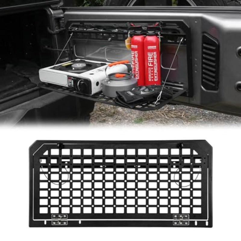 Jeep Wrangler Tailgate Table & MOLLE Panel, Foldable Cargo Rack, Aluminum Alloy, 100 lbs, Powder-Coated, No-Drill Install for JK/JKU, for Wrangler JK JKU JL JLU 4-Door 2007-2025, 24-Month Warranty