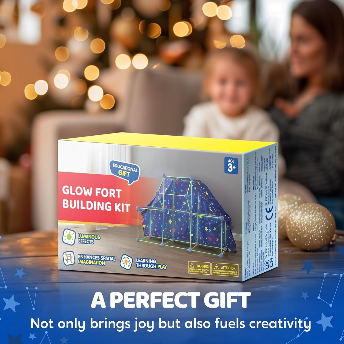 Glow-in-the-Dark Fort Building Kit 81 Pieces – Kids STEM Construction Toy for Indoor Outdoor Castles Tunnels Tents with Star Cloth & Storage Bag Ages 4-12