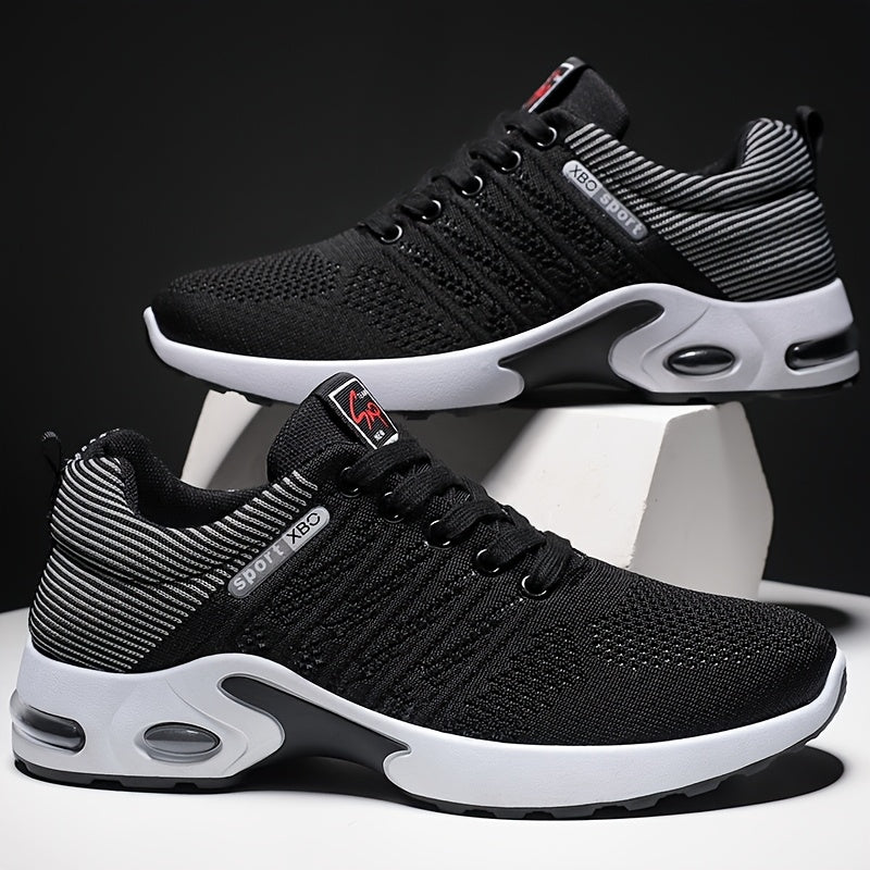 男士气垫运动鞋——透气系带休闲运动鞋，防滑鞋底，黑白色或黑蓝色，美码 6.5–11.5，都市运动风