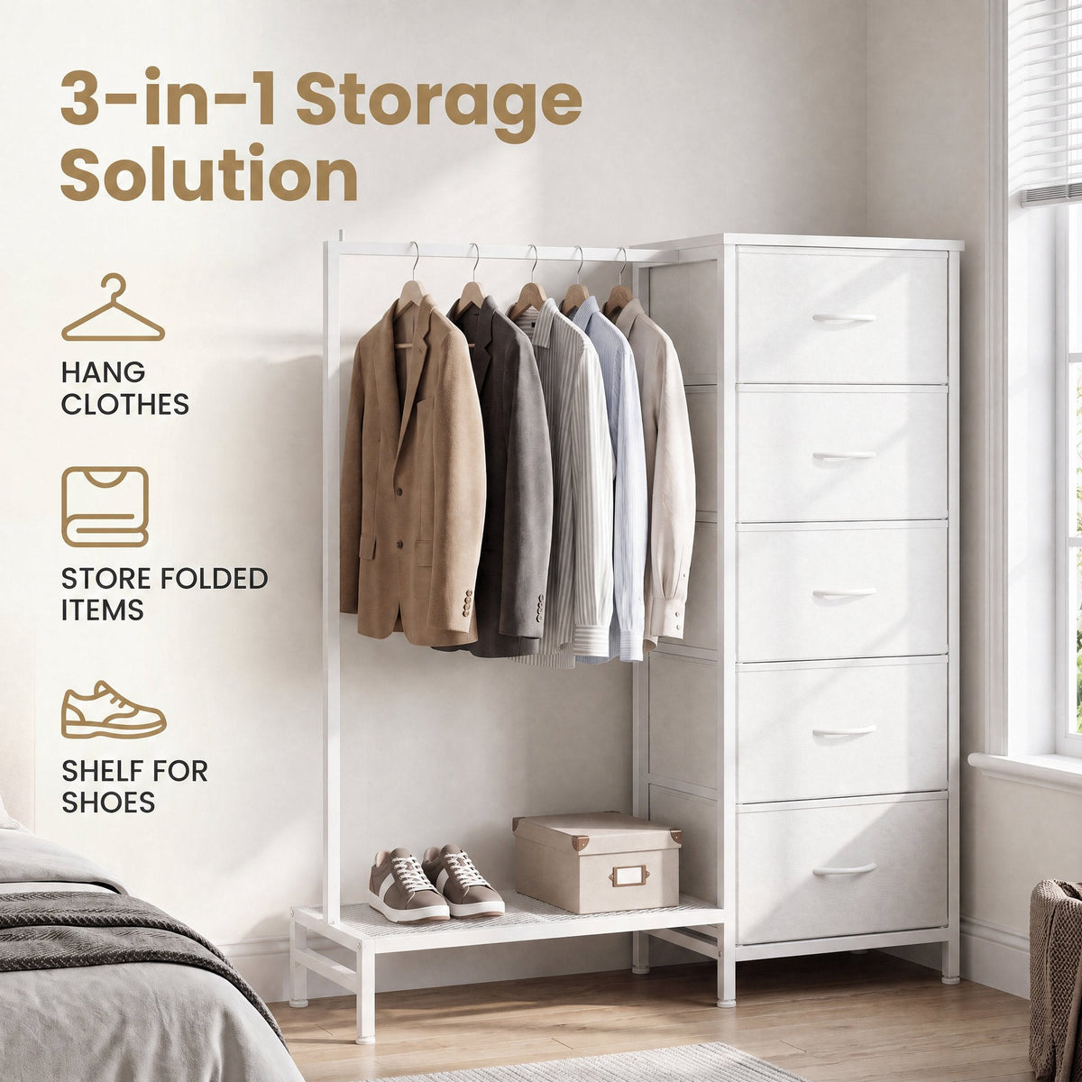 Freestanding Wardrobe Dresser with Hanging Rod, 5 Fabric Drawers & Shoe Shelf – 3-in-1 Closet Organizer, Reversible Layout, Steel Frame, Anti-Tip Kit, 37.9” x 11.8” x 46.3”, White – Nova Mart