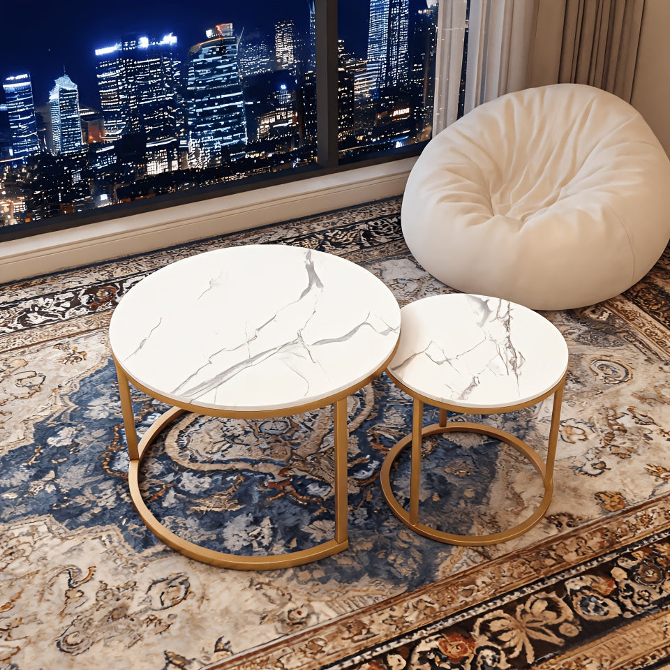 Nesting Coffee Table Set of 2 – Modern Faux Marble Round Tables with Gold Frame Space-Saving Living Room Furniture in White Gray Black Walnut