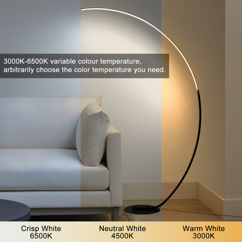 Modern 65-Inch Arched Floor Lamp with Remote – Dimmable RGB Color Changing LED Curved Standing Light for Bedroom Living Room in Black & Gold