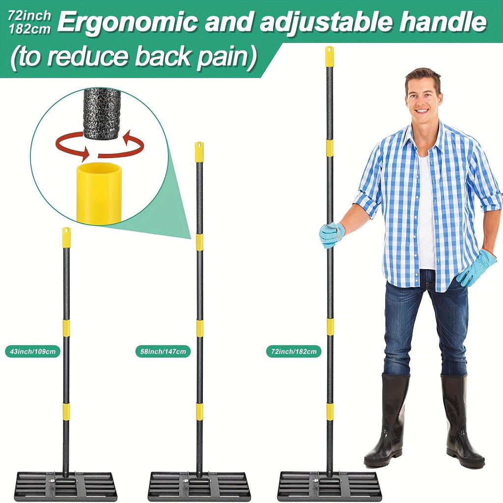 Lawn Leveling Rake - 17x10" Heavy Duty Metal Lawn Leveler, Foldable Head, Adjustable Ergonomic Handle for Yard, Garden & Golf Course - 5FT & 6FT - Yellow