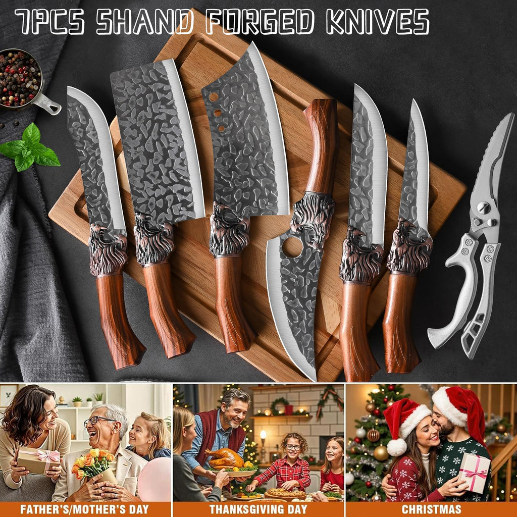 7-Piece Professional Chef Knife Set - Hand-Forged Damascus-Style Blade, Brown Wood Handle, Ergonomic Grip - Chef, Boning, Fish, Butcher Knife + Scissors - Meat, Fish, Vegetables & Fruits - Home & Professional Kitchen Gift
