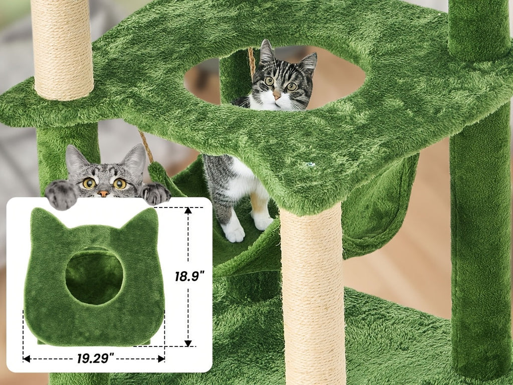 55-Inch Cat Tree for Indoor Cats with Green Leaves – Multi-Level Large Cat Tower with Hammock, Sisal Scratching Posts, Hanging Ball Toy, and Cat Furniture for Living Room or Bedroom