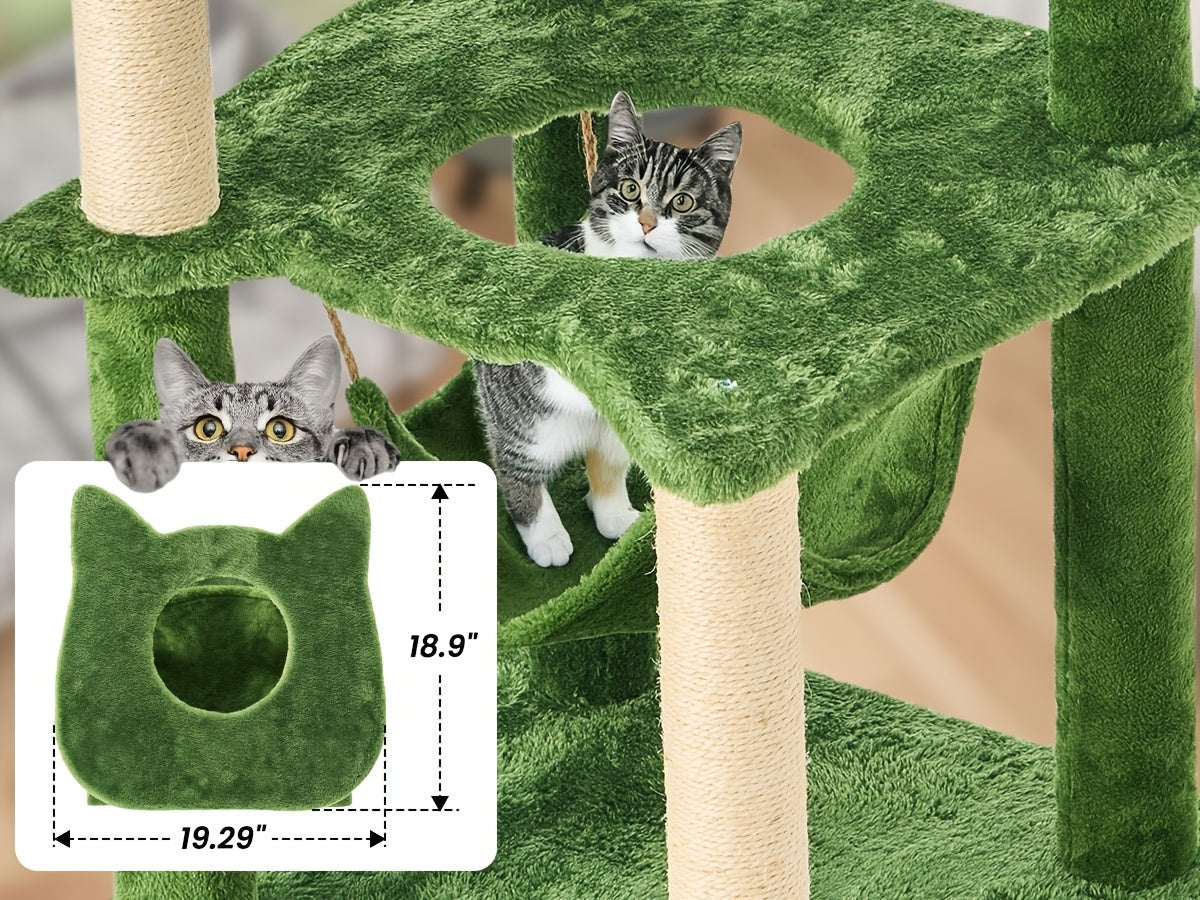 55-Inch Cat Tree for Indoor Cats with Green Leaves – Multi-Level Large Cat Tower with Hammock, Sisal Scratching Posts, Hanging Ball Toy, and Cat Furniture for Living Room or Bedroom