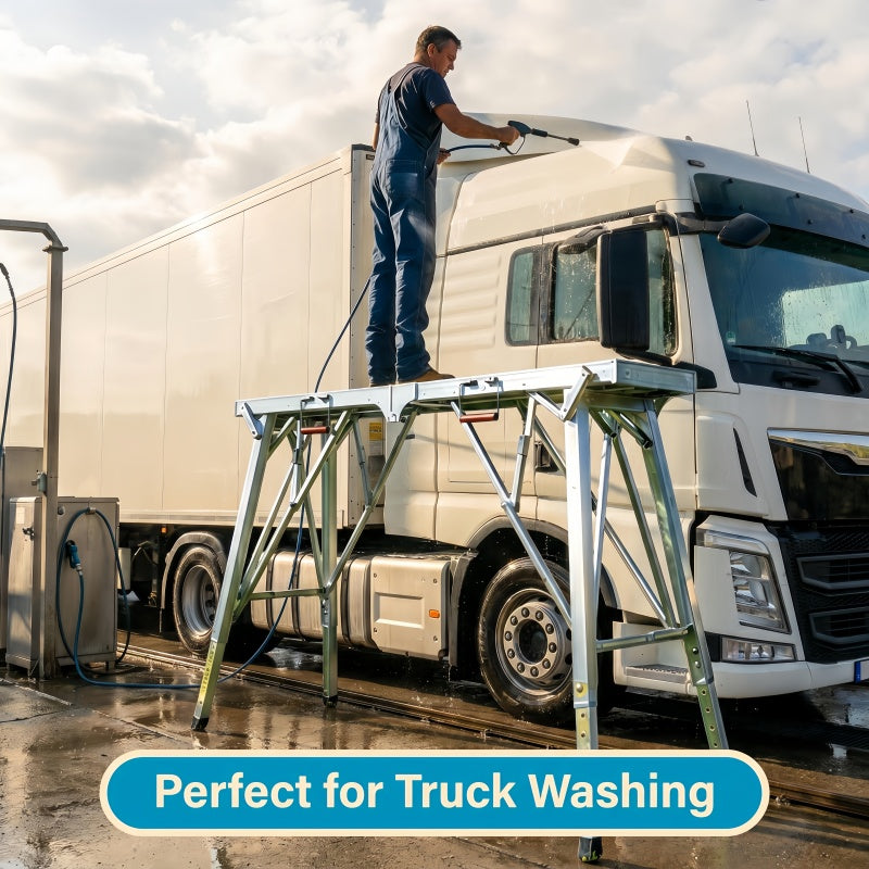 Height Adjustable Heavy Duty Scaffolding Portable Folding Work Platform Non-Slip Base for Truck Washing Semi-Trailer RV Roof Cleaning Commercial Vehicle Repair 47 63 79 Inch Silver