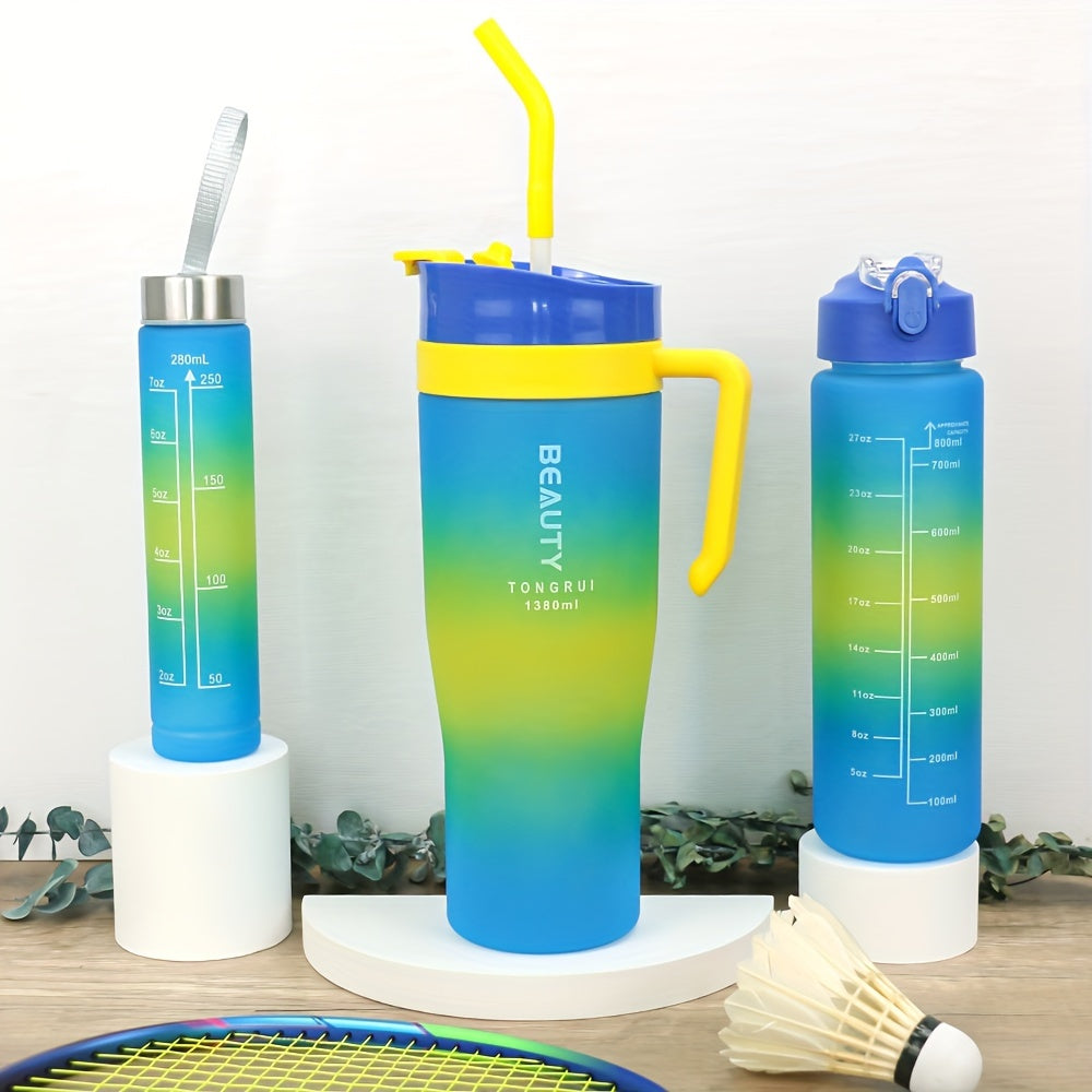 BPA-Free Gradient Water Bottle 5-Piece Set with Straw & Spill-Proof Lid - 46oz, 27oz, & 9oz Leak-Proof Sports Bottles for Gym, Travel, and Outdoor Use