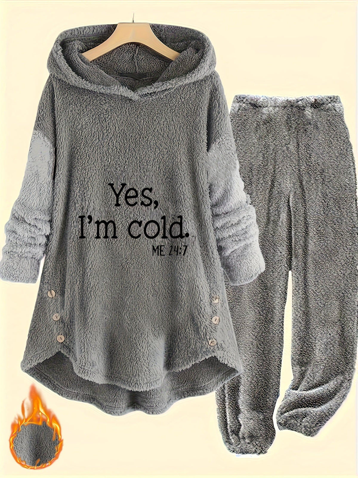 Women's Cold Print Teddy 2-Piece Set - Button-Decorated Long-Sleeve Hoodie & Casual Pants for Autumn & Winter - Mixed Colors - S to XXL