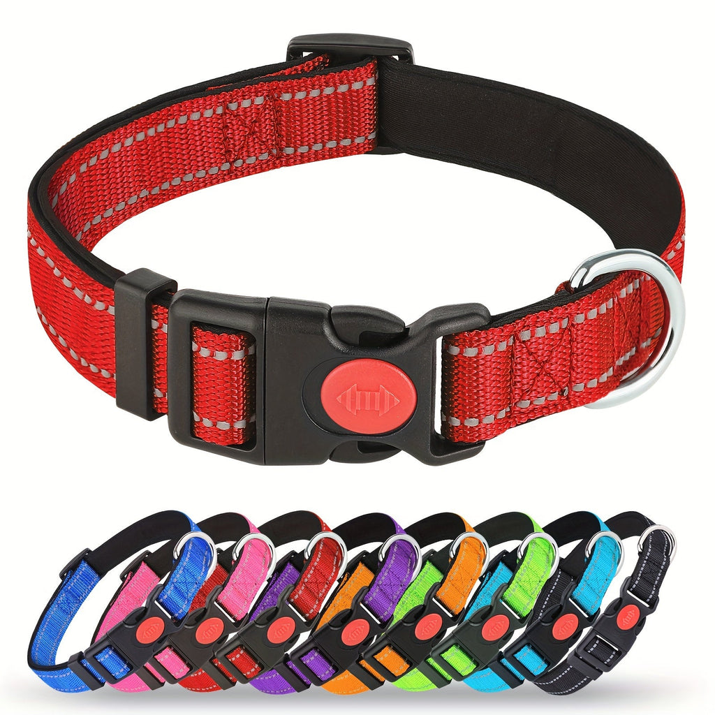Reflective Dog Collar with Safety Locking Buckle - Adjustable Soft Neoprene Padded Breathable Nylon Pet Collar for Small, Medium, and Large Dogs, Night Visibility Safety Collar