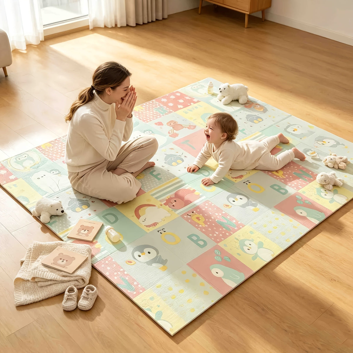 Double-Sided Baby Crawling Mat, Soft Thickened Tummy Time & Learning to Walk Play Mat, Foldable for Easy Storage, Indoor Use, 2 Designs Including Alphabet Penguin (79x71") & Polar Bear (59x79")