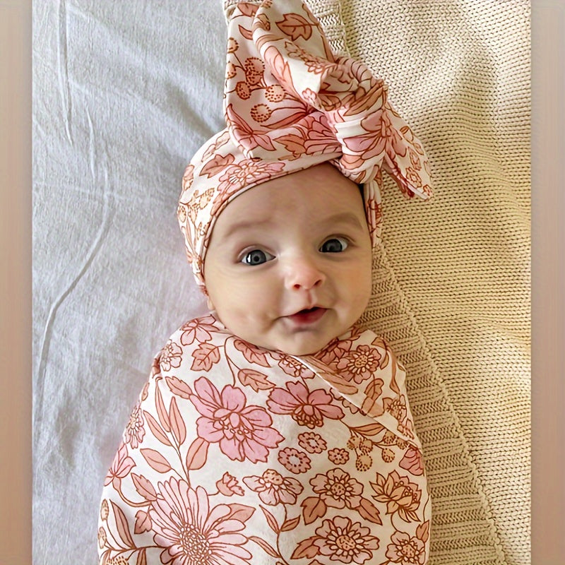 2-Piece Baby Wrap & Headband Set, Soft Floral Baby Girl Hair Wrap & Headband Accessory Set, Safflower, Orange Blossom & Purple Flower