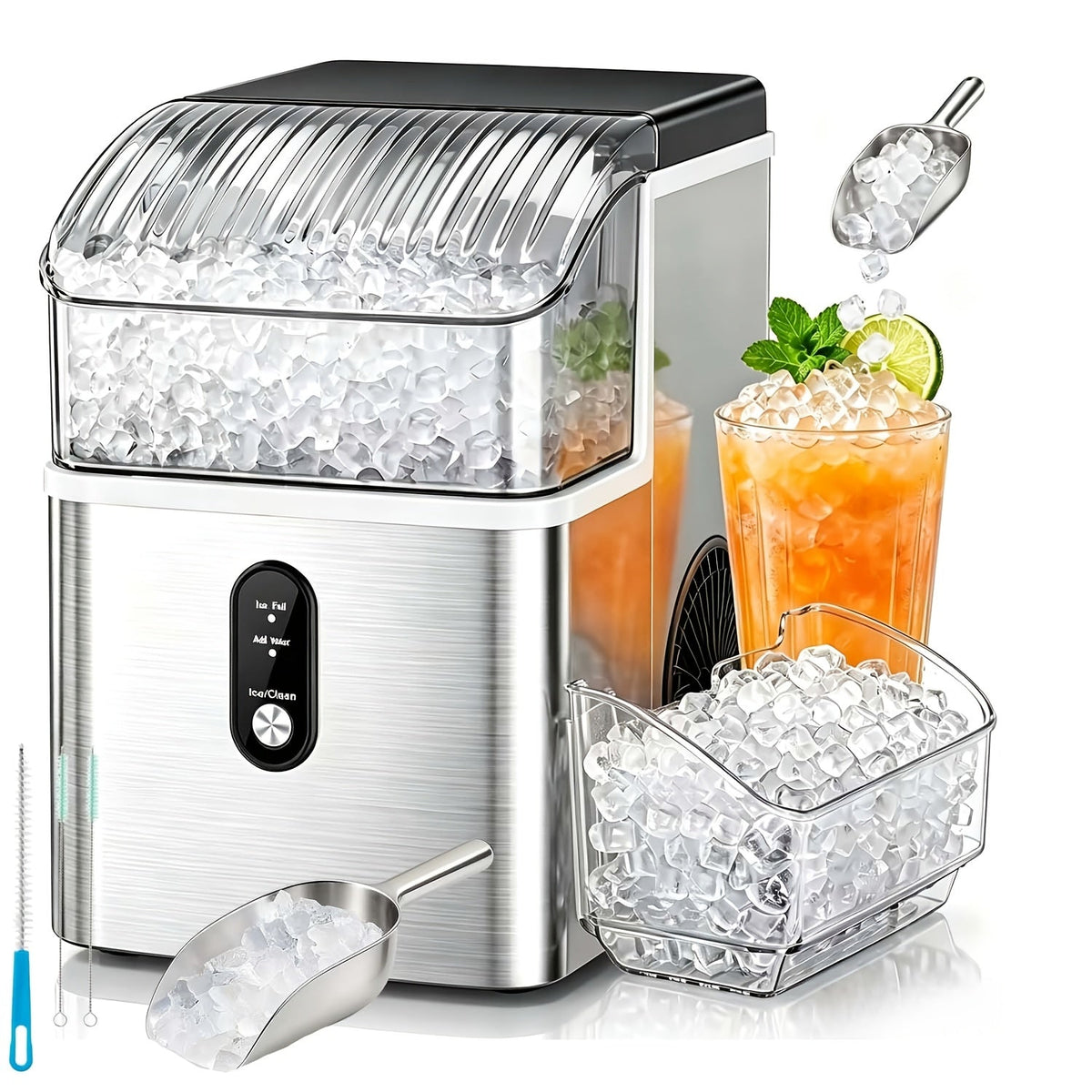 Countertop Nugget Ice Maker 35Lbs/Day 2025 Upgraded, Self-Cleaning Pebble Ice Maker with Stainless Steel Housing, One-Click Operation & Water Reservoir, Soft Chewable Pellet Ice for Home & Kitchen, Black Gray Steel