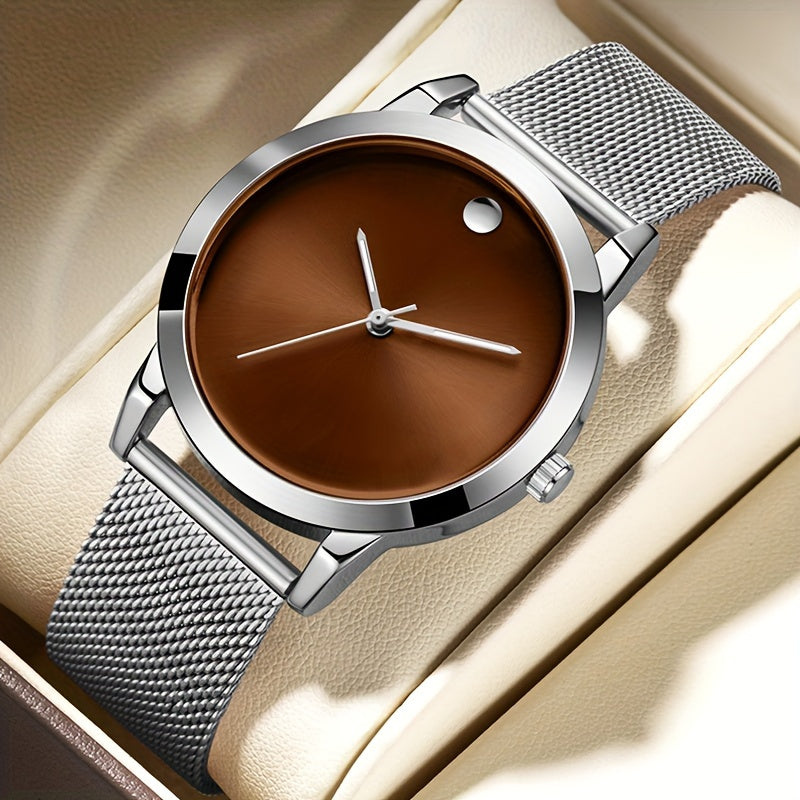 Men's Minimalist Stainless Steel Band Quartz Watch, Slim Round Dial, Casual Fashion Everyday Wear, Gift for Him, Silver Brown