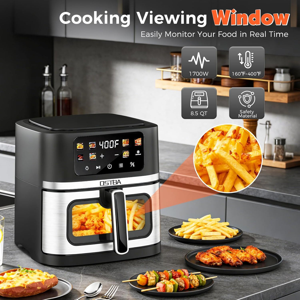 Air Fryer with Visible Window – 1700W Digital Touchscreen 8 Presets Nonstick Basket Auto Shut-Off Dishwasher Safe in 2.5QT 4.5QT & 8.5QT Family Size