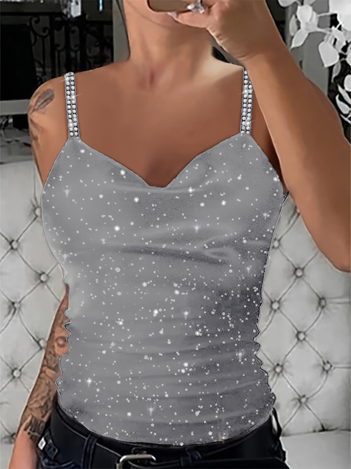 Women's Sequin Rhinestone Strap Cami Top Sexy V-Neck Sleeveless Tank Top Glam Party Night Out Tops Spring Summer Fall S M L XL XXL