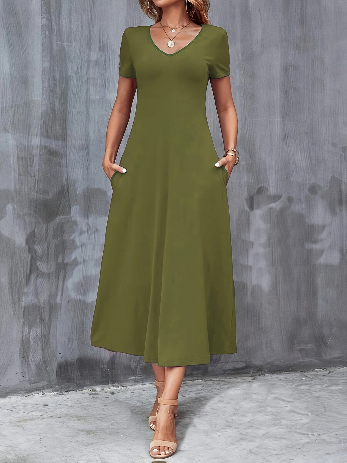 V-Neck A-Line Dress with Pockets, Women's Short Sleeve Casual Solid Color Knit Stretch, Machine Washable, Blue, Black, Navy, Burgundy, Olive, Dark Green, S, M, L, XL, XXL