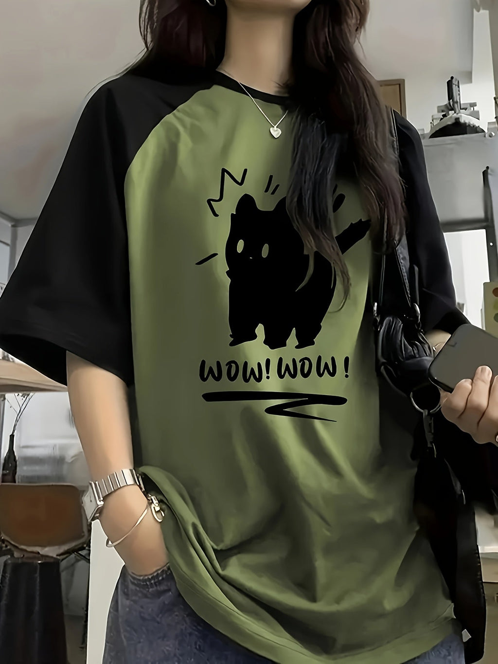 Y2K Cute Cat Letter Print Raglan Sleeve T-Shirt Women's Round Neck Stretchy Casual Top Olive Green Camel Red S M L XL XXL