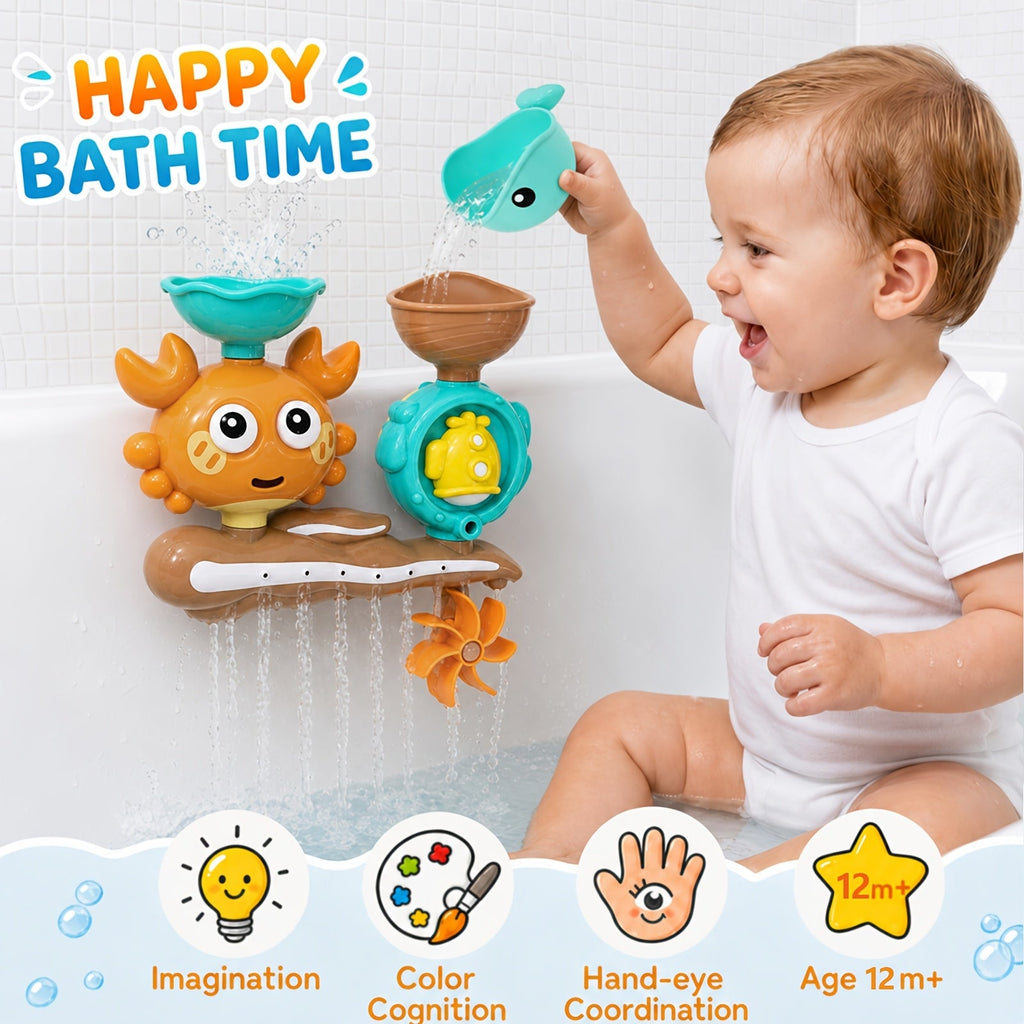 Crab Bath Toy with 2-Way Water Flow, Fun Water Play Bathroom Toy for Kids Toddlers & Babies, Interactive Bath Time Sensory Toy, Random Color