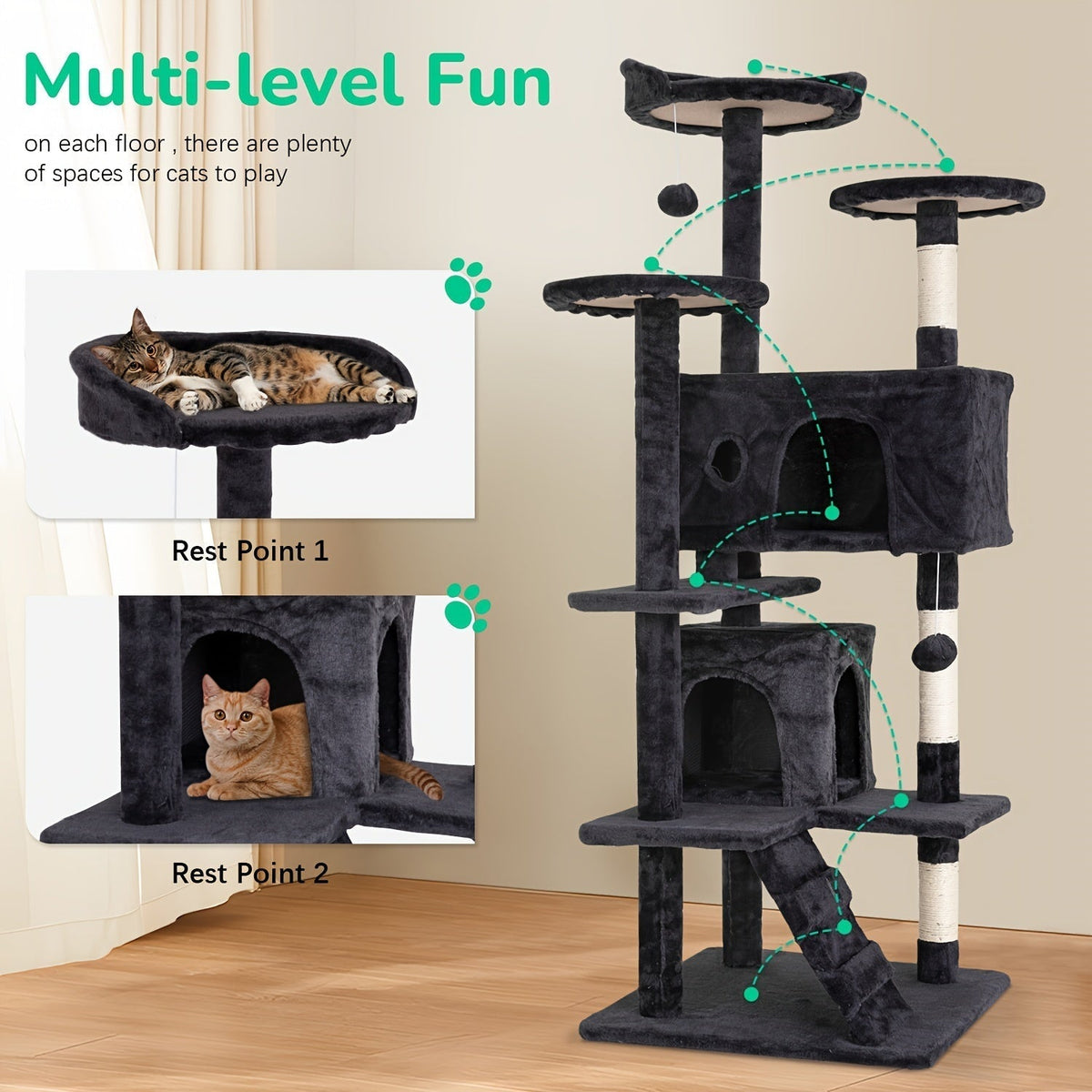 Multi-Level Cat Tree Tower with Scratching Post, Perches & Plush Apartments – Space-Saving Indoor Cat Climbing Frame & Activity Center, Heights 36–80 Inches, 6 Colors