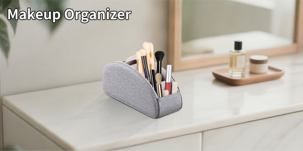Remote Control Holder with 5 Compartments, Faux Leather Desktop Organizer Caddy for Living Room, Holds TV Remotes, Pens, Eyeglasses, Makeup Brushes, and Office Stationery, Home Decor Storage Box Accessory