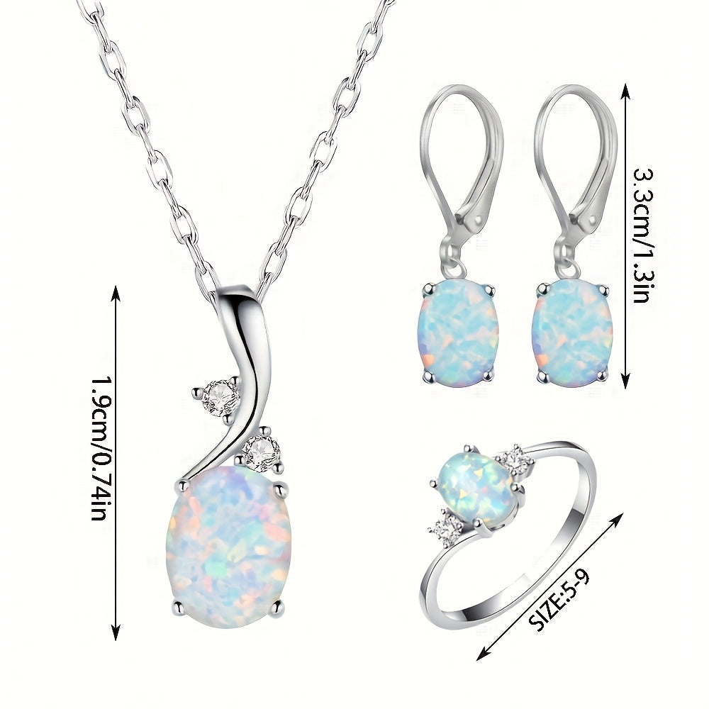 925 Sterling Silver Opal Teardrop 4-Piece Jewelry Set for Women – Elegant Boho Necklace, Earrings & Ring Set, Luxury Party Jewelry with Iridescent Opal Pendant, Sizes 7-9