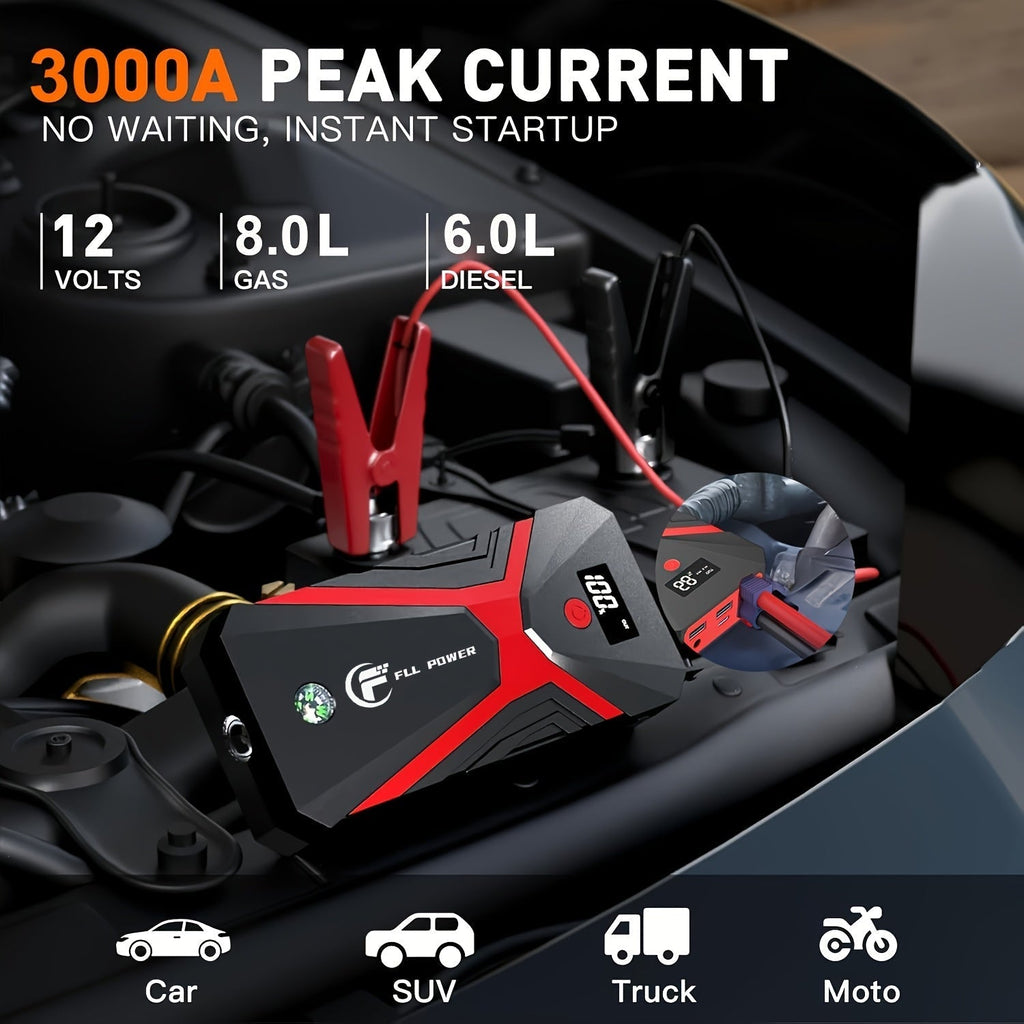 便携式汽车应急启动电源 1600A–3000A 12V 电池启动器 – 适用于汽油和柴油发动机的紧凑型应急启动电源，配备 USB 充电端口及 LED 手电筒