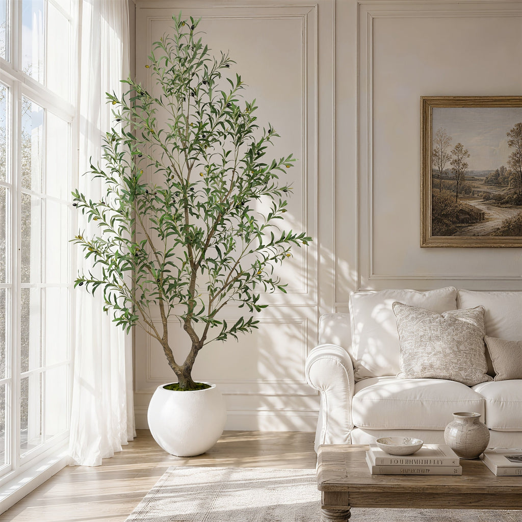 Artificial Olive Tree 5-8FT Tall Potted Faux Olive Floor Plant with Lifelike Leaves & Black Fruits, Decorative Fake Indoor Tree with White or Black Round Planter for Living Room Office Home Decor